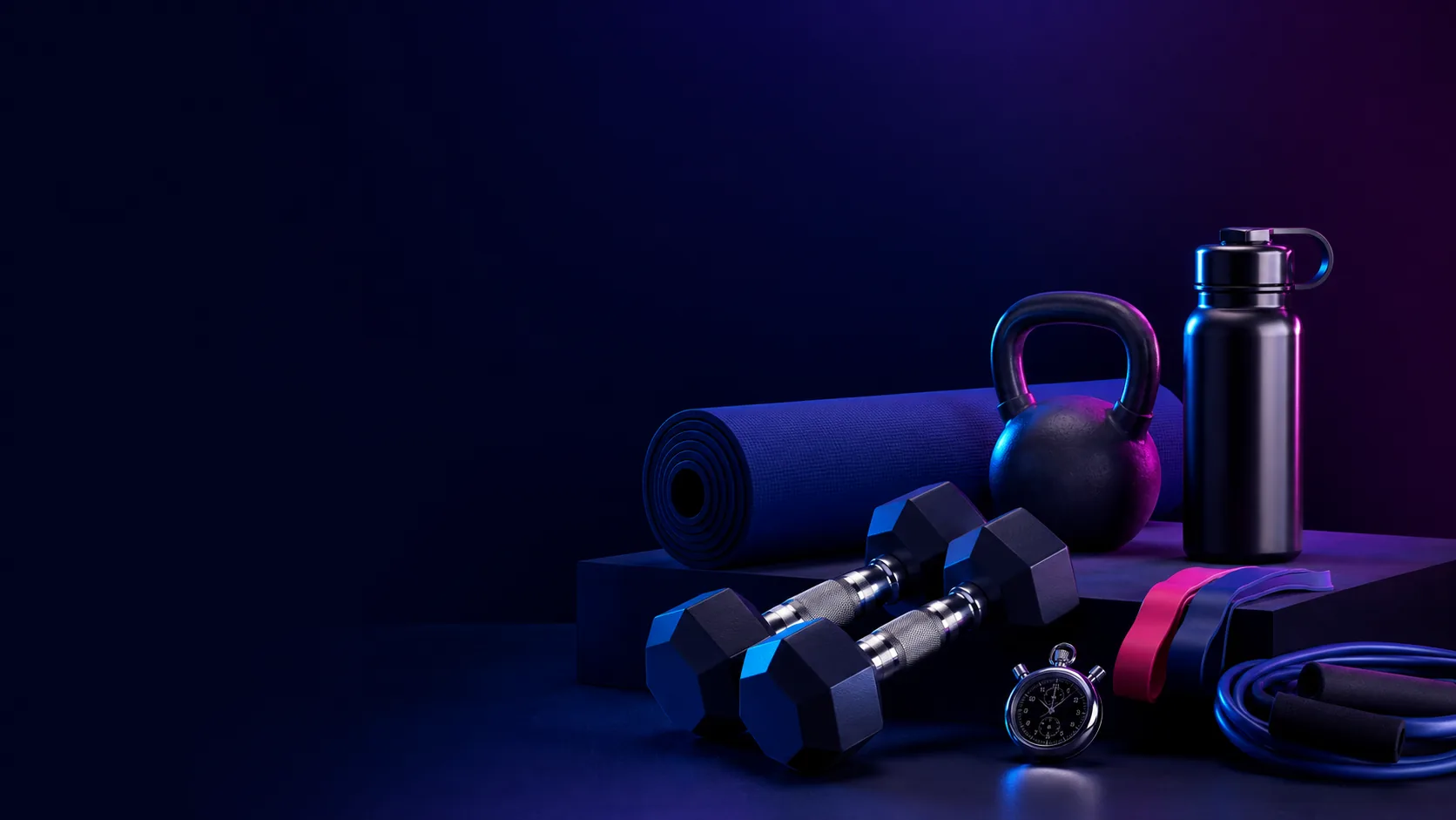 Dambıl, kettlebell, mat ve kronometreden oluşan premium PT ekipmanı kompozisyonu