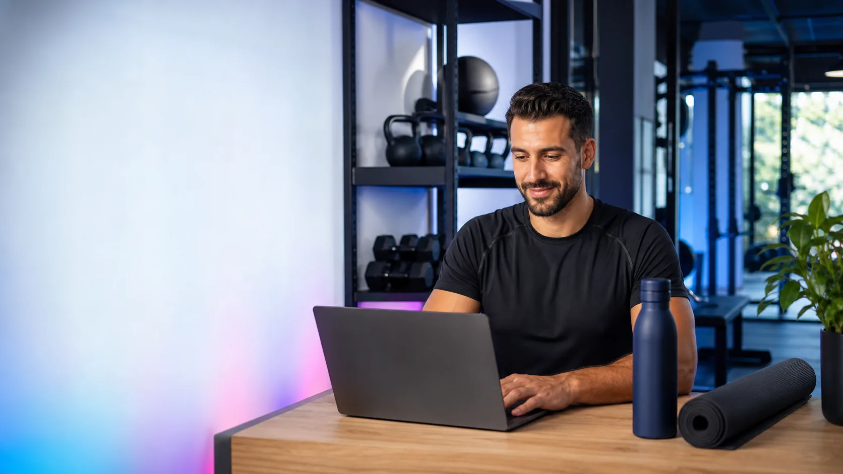 Laptop üzerinden danışan paketlerini yöneten erkek personal trainer