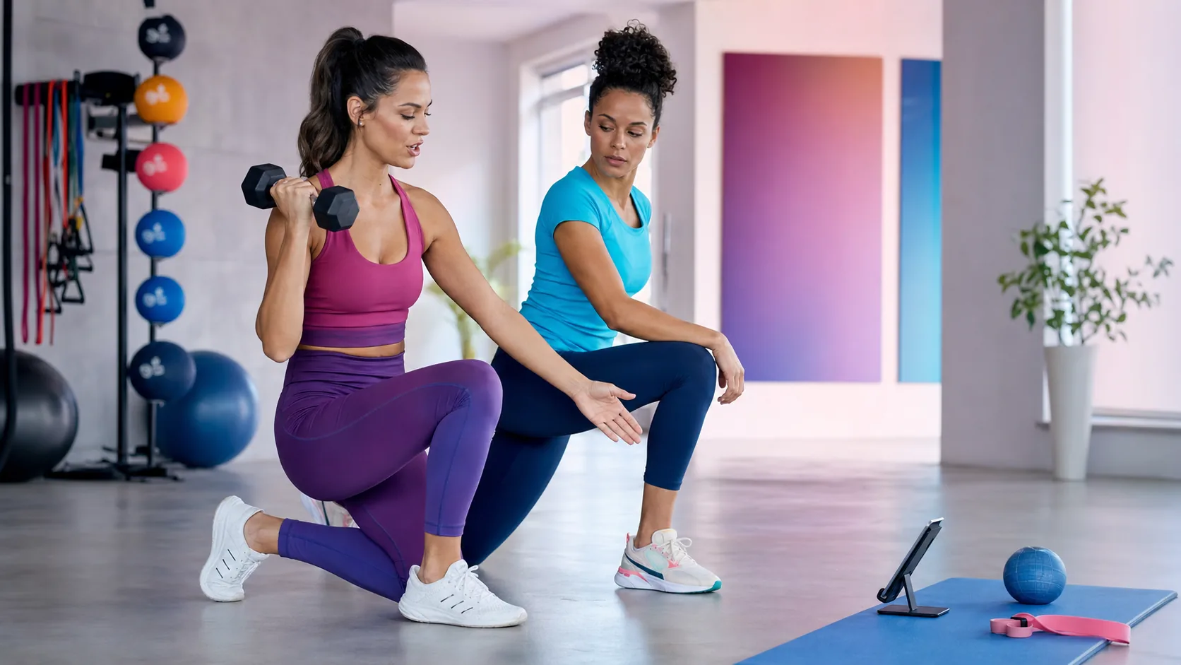 Renkli stüdyoda kadın danışanıyla fonksiyonel antrenman yapan kadın personal trainer