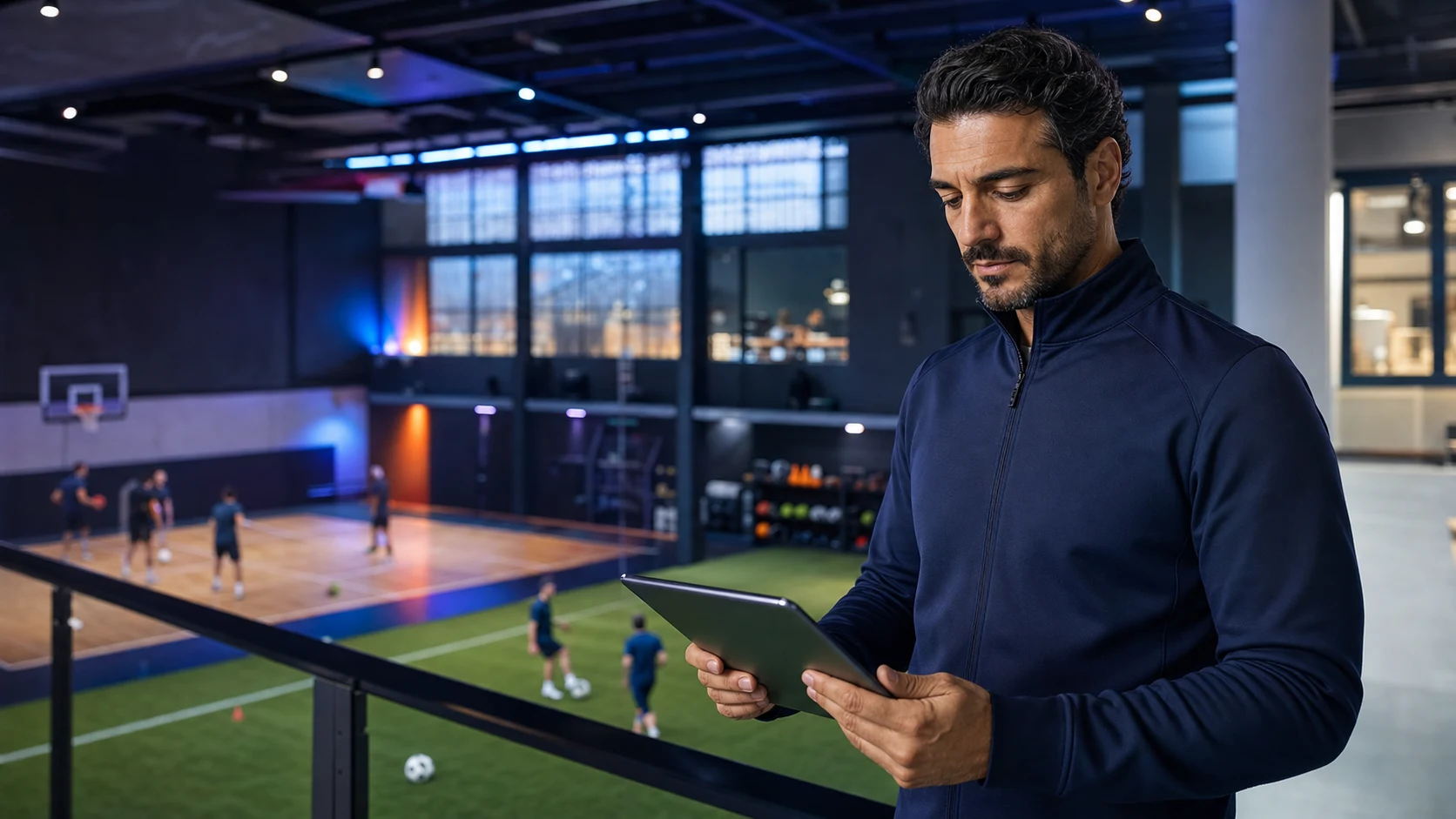 Modern bir spor akademisinde tablet üzerinden operasyonu yöneten spor okulu yöneticisi