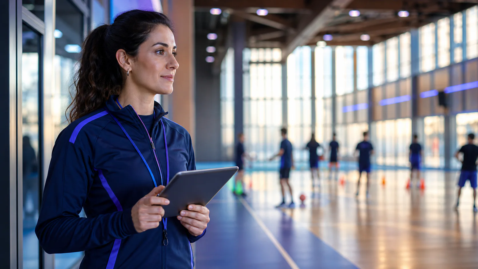 Tablet ile spor okulu operasyonunu yöneten antrenör