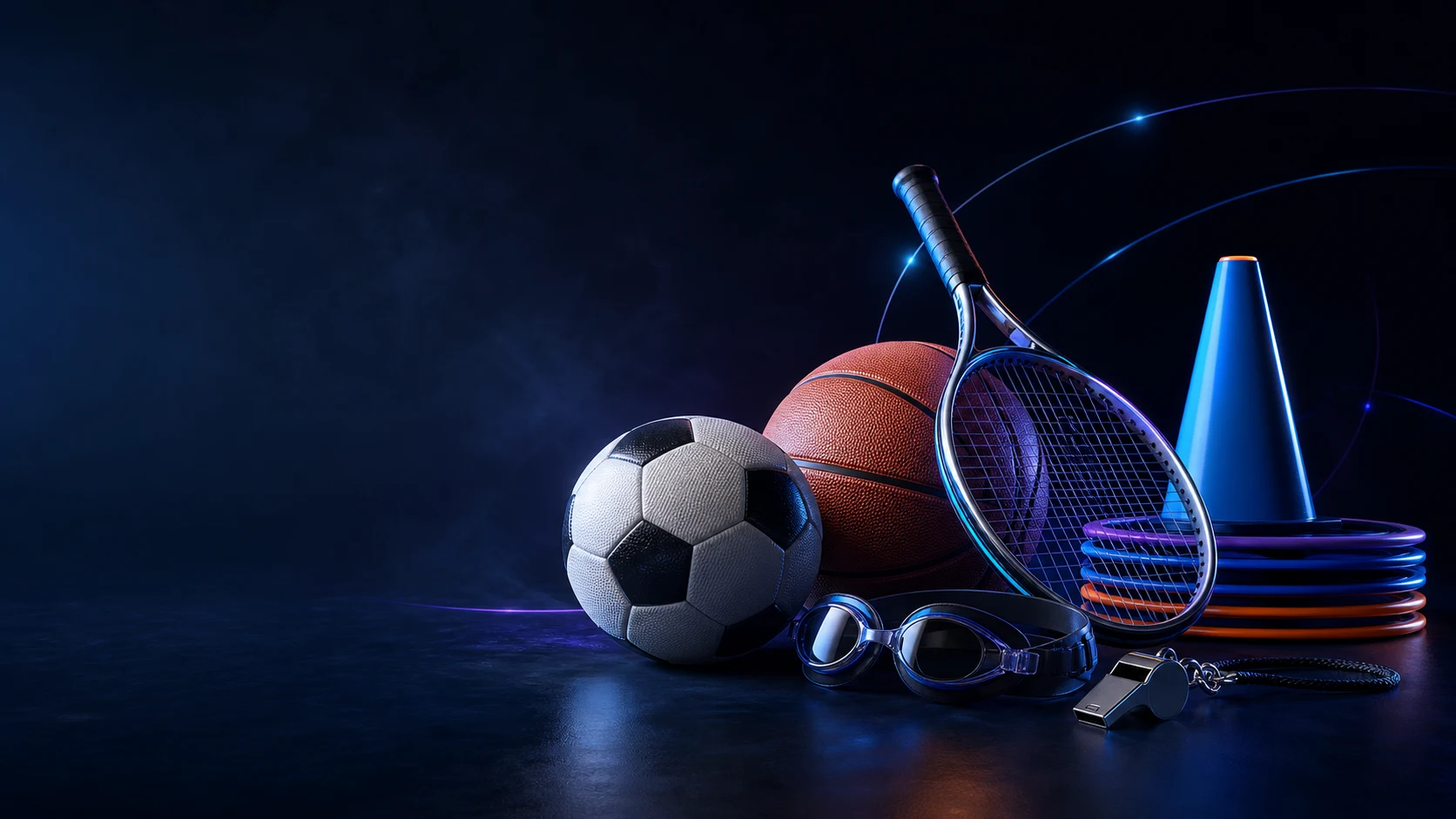 Futbol, basketbol, tenis ve yüzme ekipmanlarından oluşan premium spor kompozisyonu